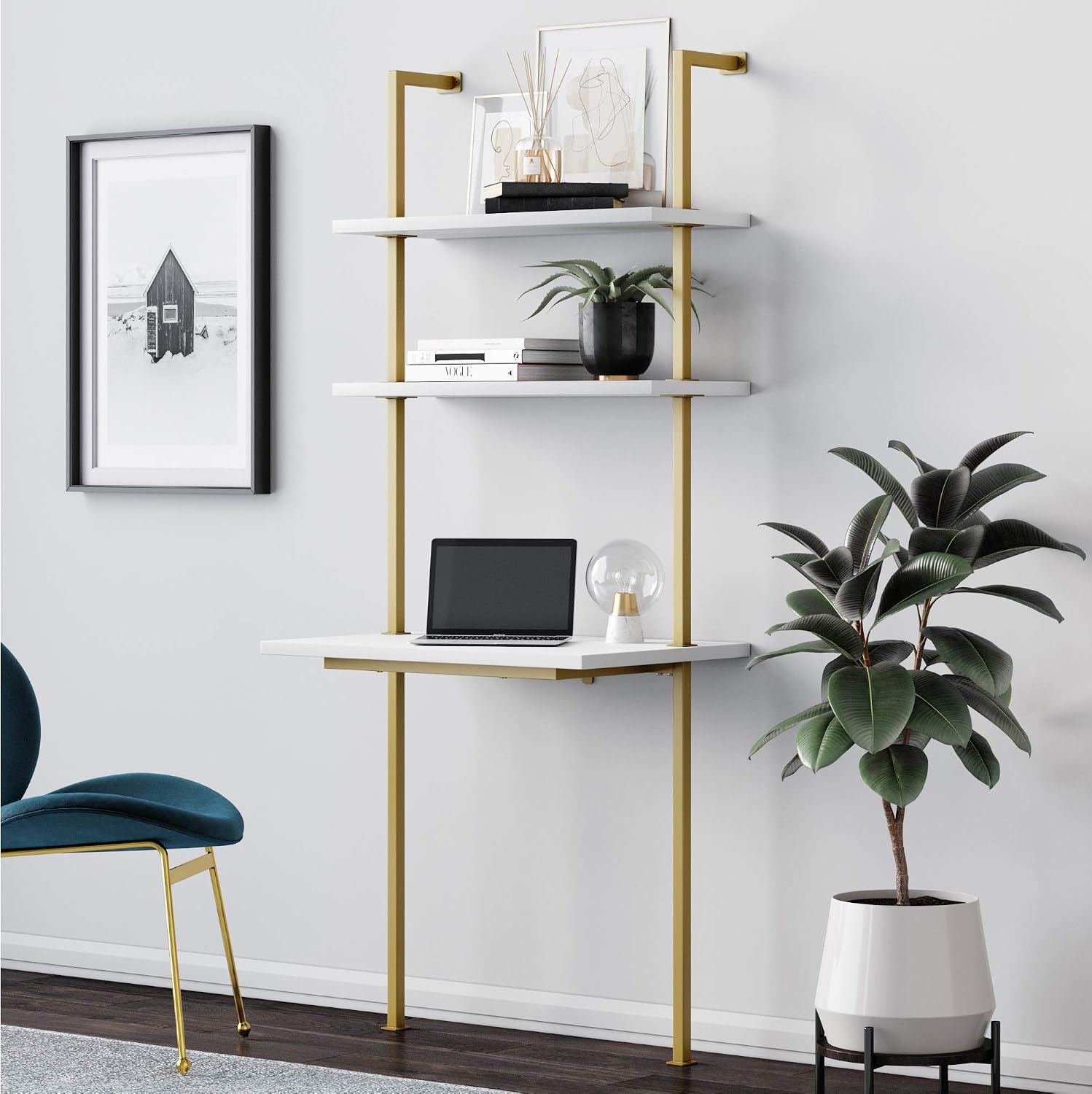 Nathan James Theo 2-Shelf Industrial Wall Mount Ladder Small Computer or Writing Desk, White/Gold Brass