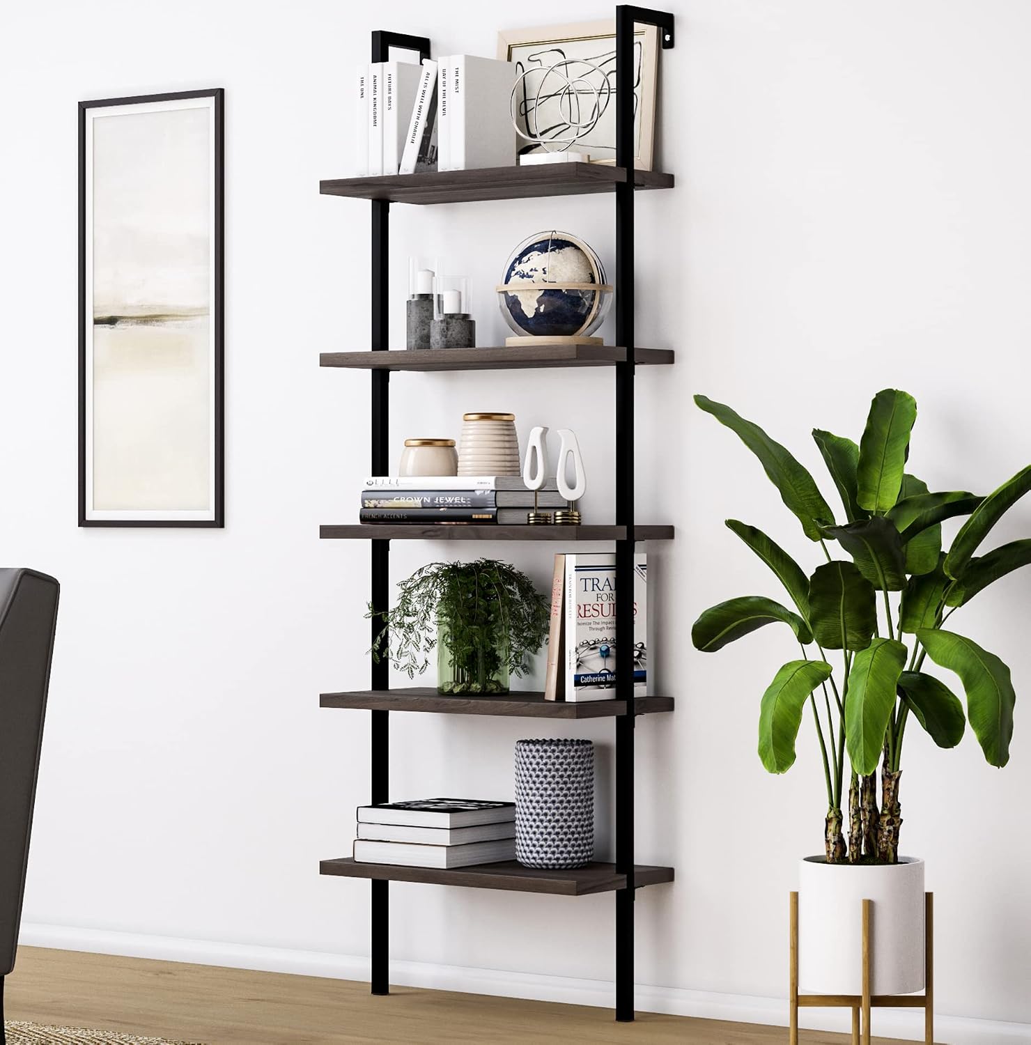 Nathan James Theo 5-Shelf Ladder Bookcase – Wall-Mounted Modern Bookshelf with Black Metal Frame & Dark Walnut Brown Wood Shelves