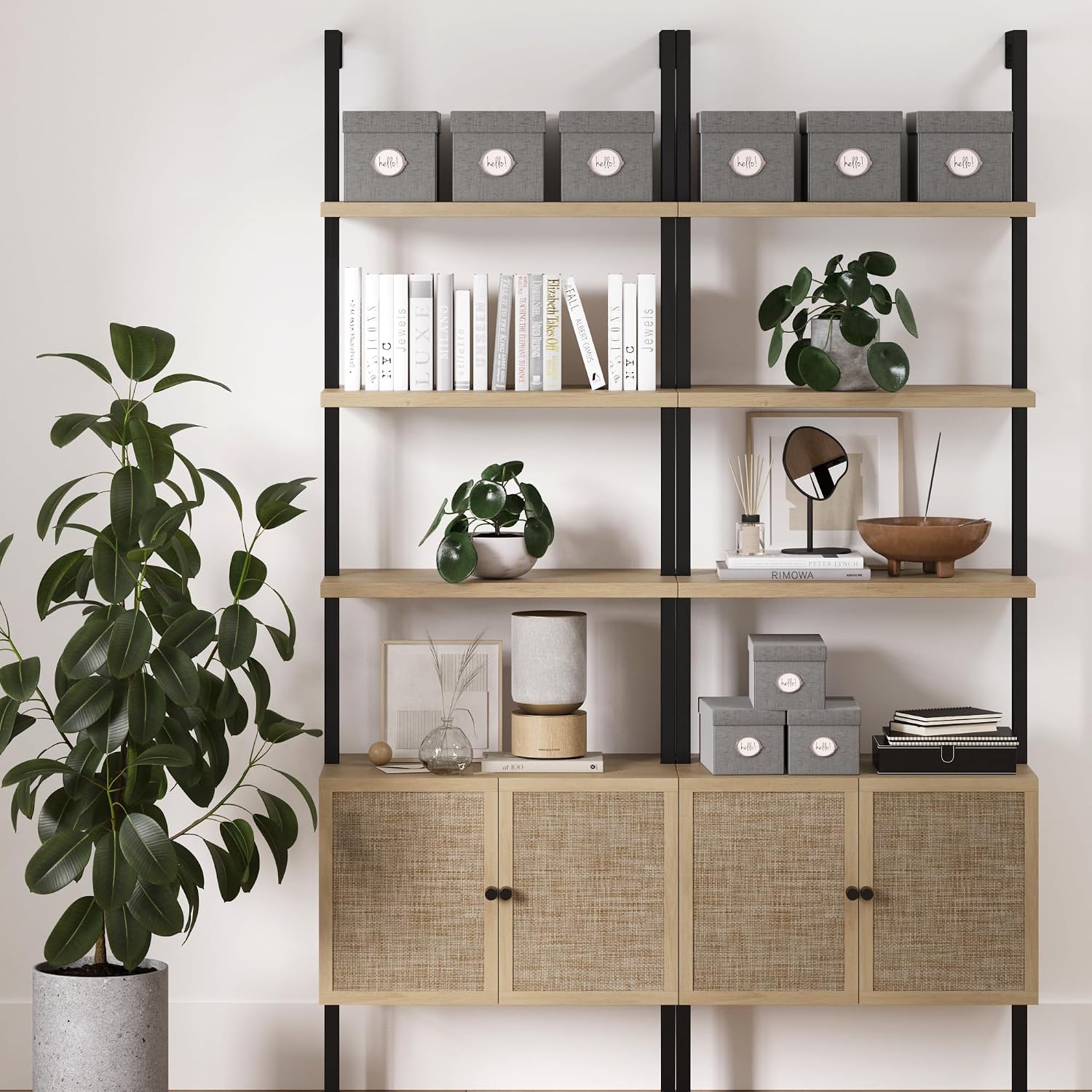 Nathan James Theo Industrial Open Shelf Bookcase with Accent Rattan Drawers Light Oak Wood, Matte Black Frame, Set of 2