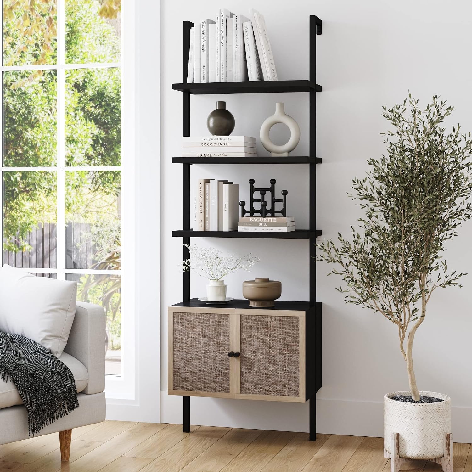 Nathan James Theo Modern Bookcase with Rattan Cabinet – Matte Black Metal Frame, Light Oak Finish, Stylish Storage for Living Room/Office