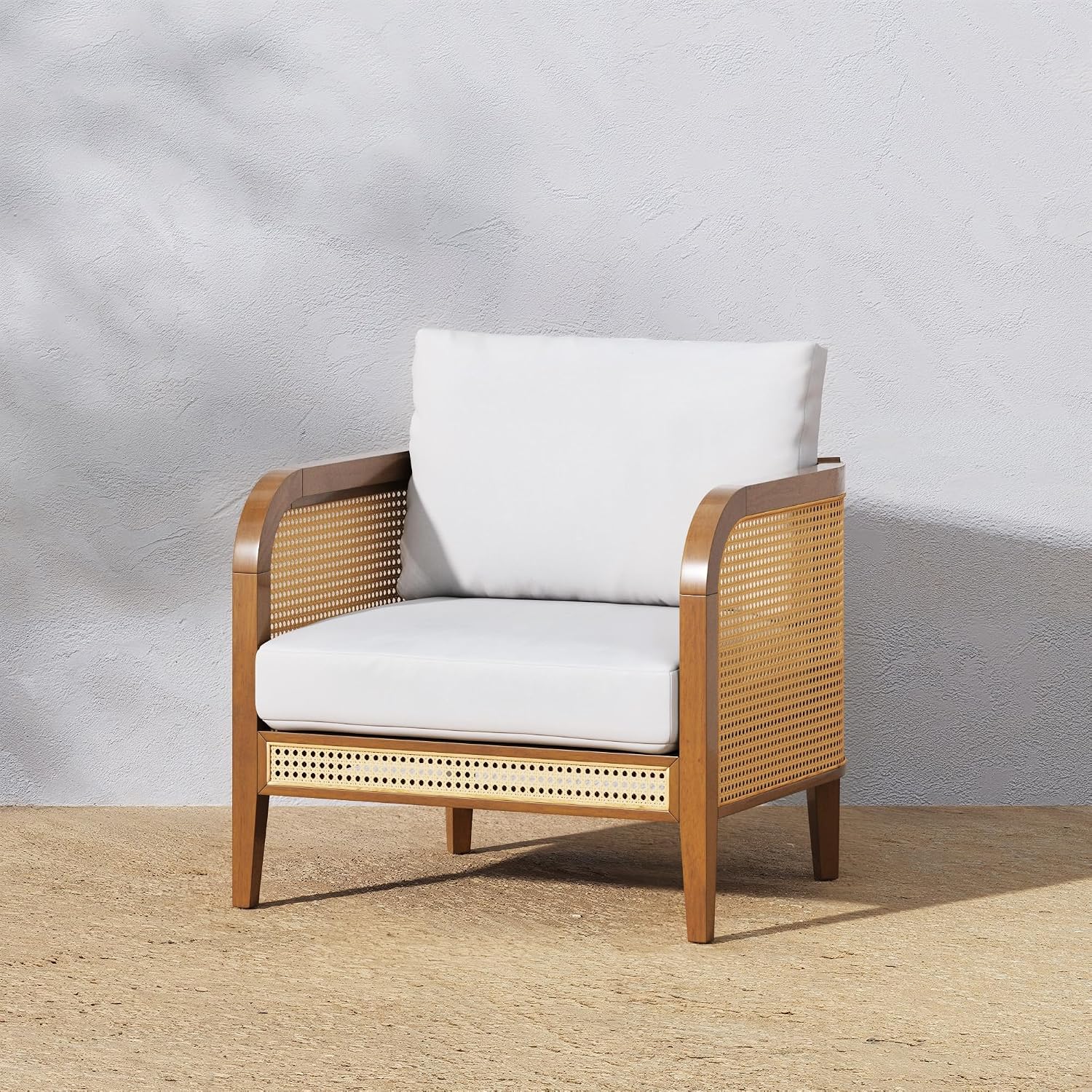 Nathan James Twila Bohemian Cushioned Patio Chair, White Outdoor Lounge Chair with Solid Wood Frame, Light Acacia