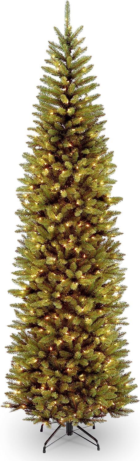 National Tree Company 10 ft Pre-Lit Kingswood Fir Slim Artificial Christmas Tree, 600 Clear Lights, 1,715 Tips, Includes Stand, Green