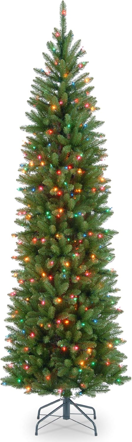 National Tree Company 6.5 ft Pre-Lit Kingswood Fir Slim Artificial Christmas Tree, 250 Multicolor Lights, 719 Tips, Includes Stand, Green