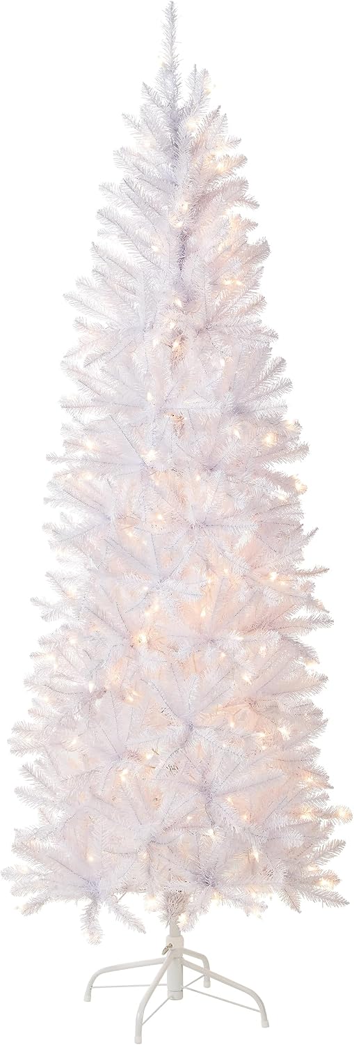 National Tree Company 6.5 ft Pre-LitKingswood Fir Slim Artificial Christmas Tree, 250 Clear Lights, 719 Tips, Includes Stand, White