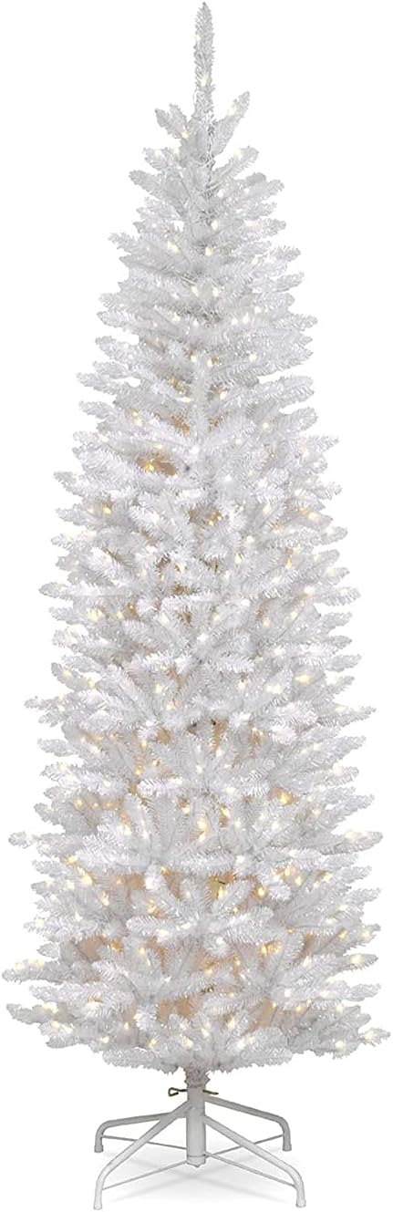 National Tree Company 7.5 ft Pre-Lit Kingswood Fir Slim Artificial Christmas Tree, 350 Clear Lights, 1,075 Tips, Includes Stand, White