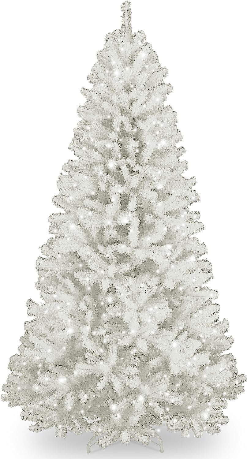 National Tree Company 7 ft Pre-Lit North Valley Spruce Artificial Christmas Tree, 550 Clear Lights, 1,096 Tips, Glitter, Includes Stand, White