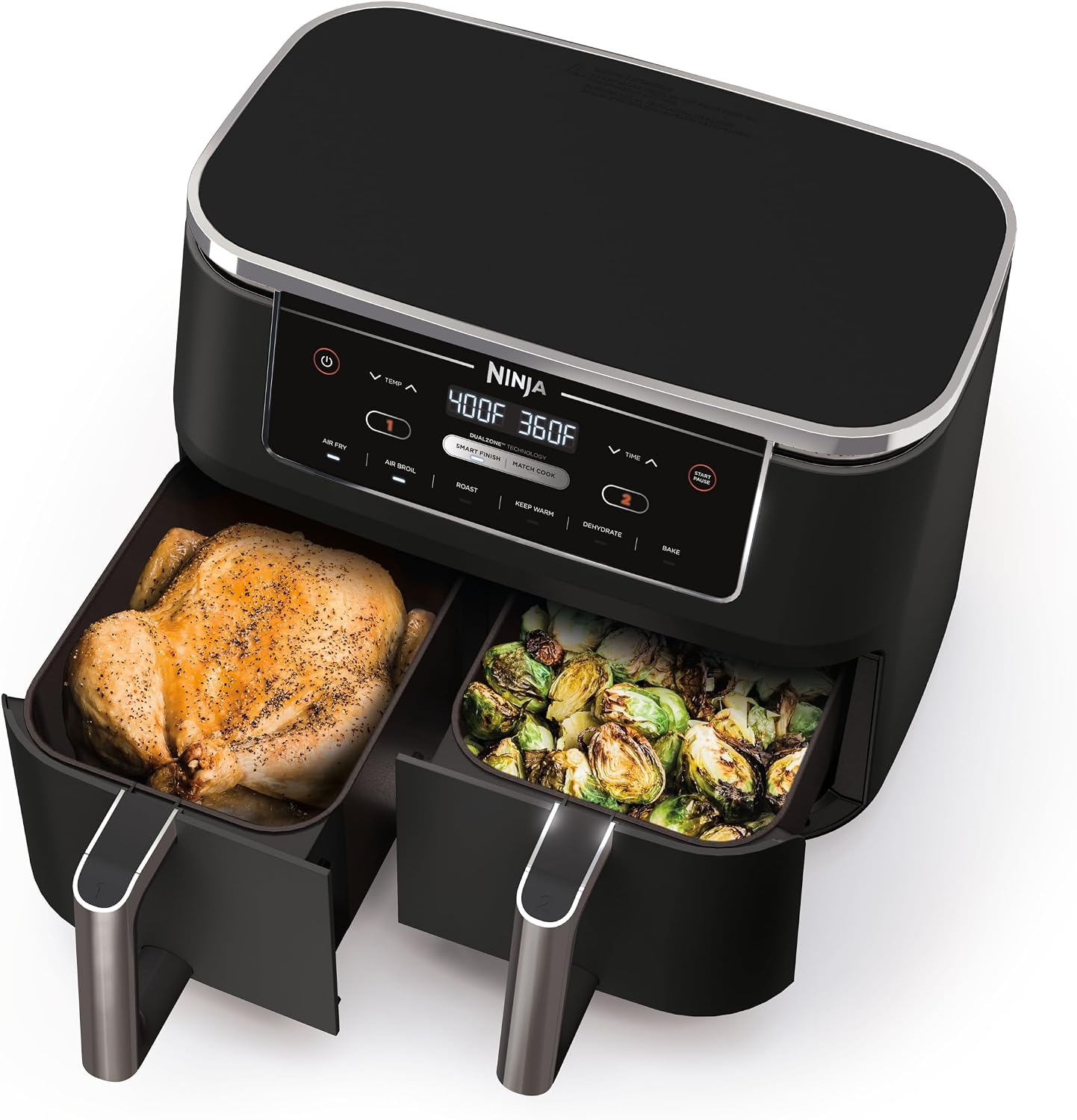Ninja Air Fryer Finish Cooking Multiple Foods at the Same Time | 6-in-1 (Air Fry, Broil, Roast, Keep Warm, Dehydrate, Bake) | Fit up to 8lb Chicken Wings in the two 5 QT Baskets | DZ302