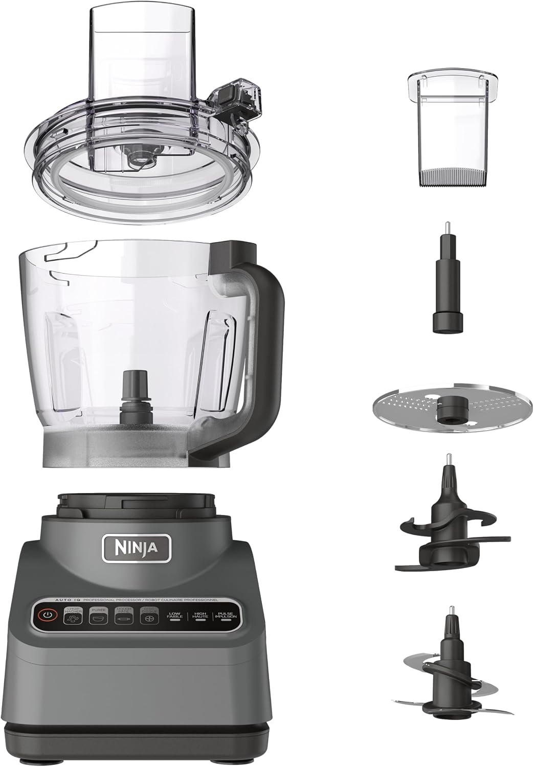 Ninja BN601 Food Processor – 1000W Professional Plus, 4-in-1: Chop, Slice, Puree, Dough, w/ 9-Cup Bowl, 3 Blades, Chute & Pusher, Silver