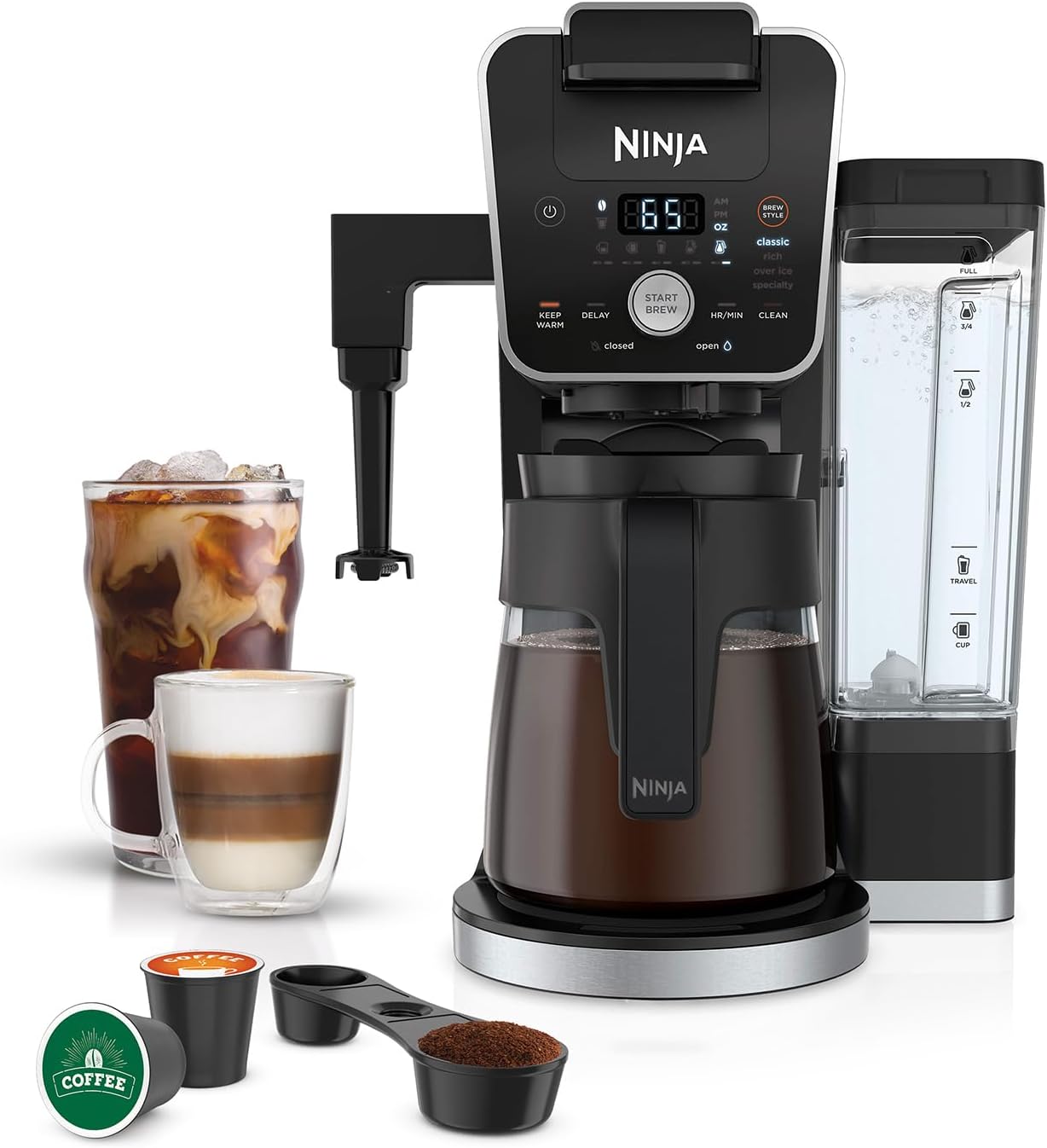 Ninja DualBrew System 14-Cup Coffee Maker, Single-Serve, Pods & Grounds, 4 Brew Styles, Built-In Fold Away Frother, 70-oz. Water Reservoir & Carafe, Black, CFP451A