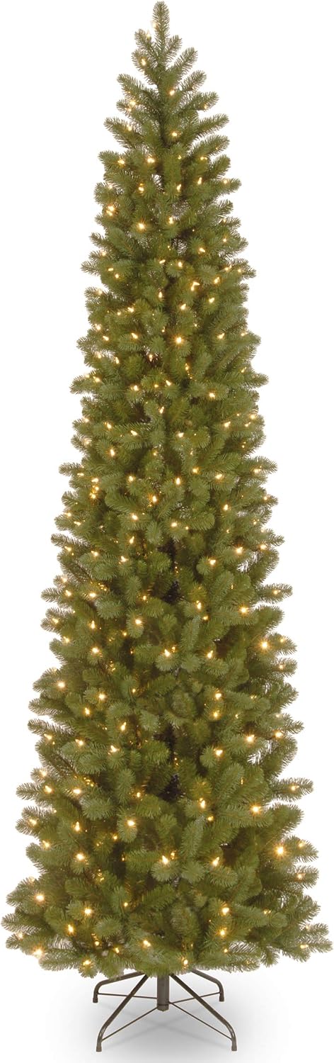 NTC 9 ft Pre-Lit Downswept Douglas Fir Slim Artificial Christmas Tree, 500 LED Lights, 1,090 Tips, Foot Pedal, 10 Light Functions, Includes Stand