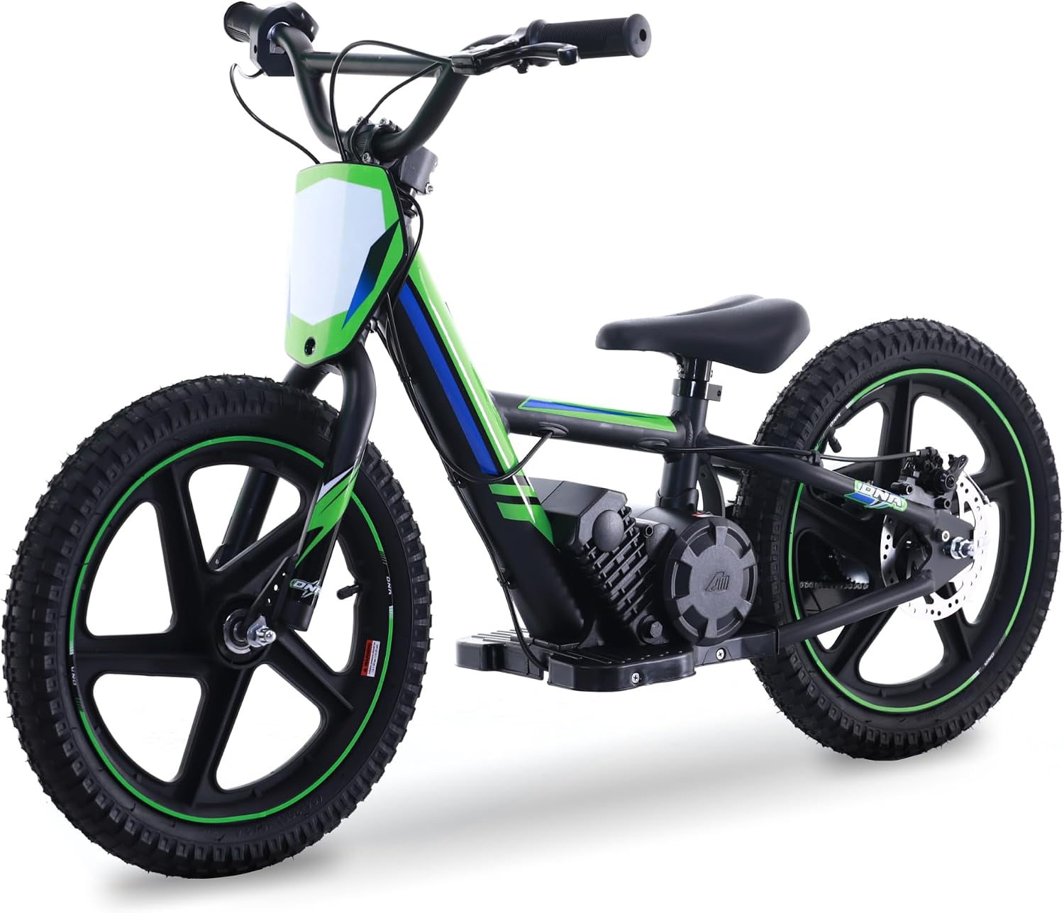 OLALA Electric Dirt Bike for Kids 5–10 – 340W Racing Motorcycle, 12MPH, 3 Speeds, Disc Brakes, 16″ Knobby Tires, Aluminum Frame, Green