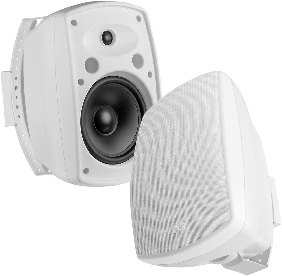 OSD 8″ Outdoor Patio Speaker Pair 200W, Full Motion Bracket, Weatherproof IP54 Rated, Aluminum Grilles, White AP850