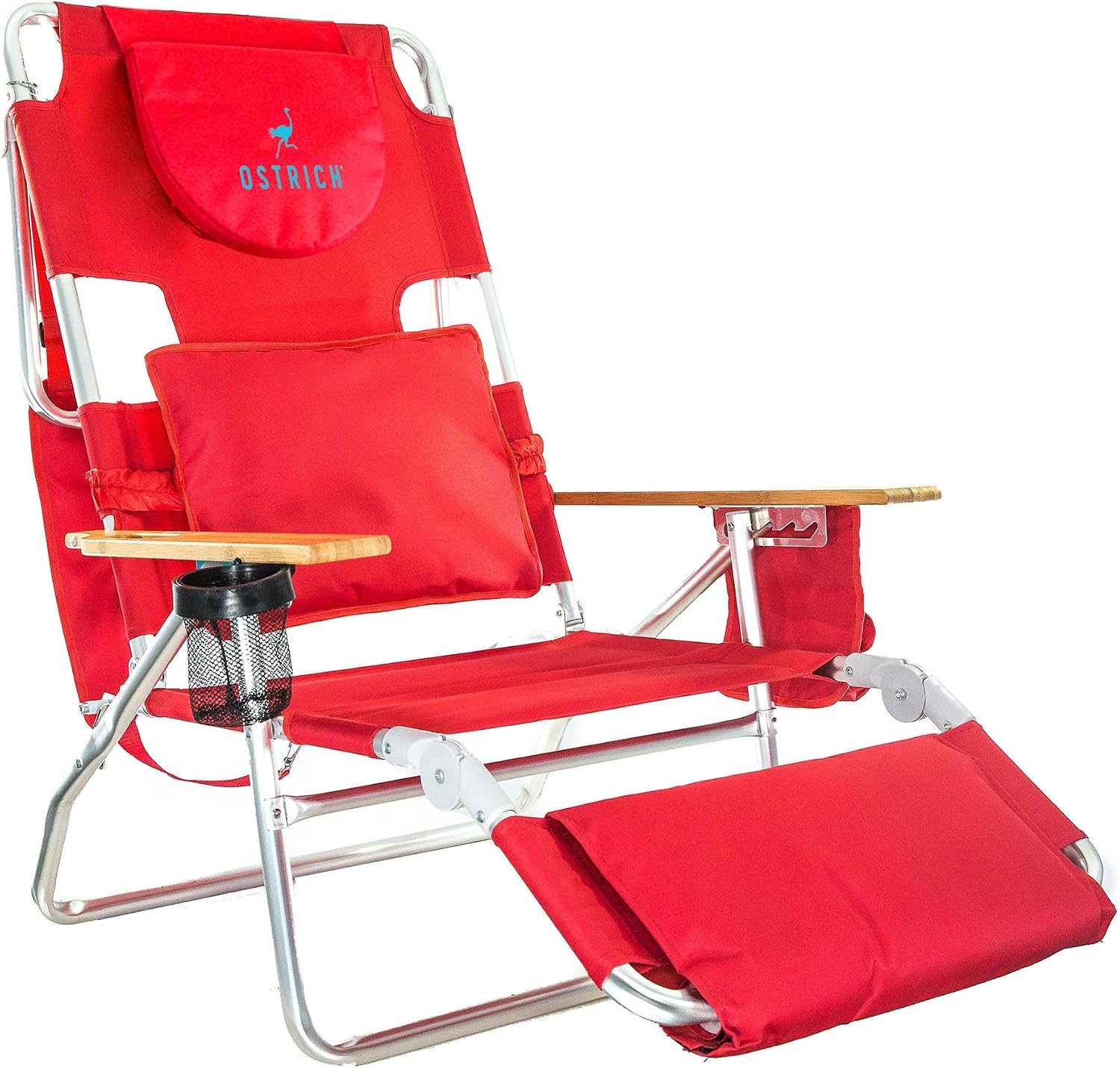 Ostrich Deluxe 3N1 Lightweight Lawn Beach Reclining Lounge Chair with Footrest, Outdoor Furniture for Patio, Balcony, Backyard, or Porch, Red