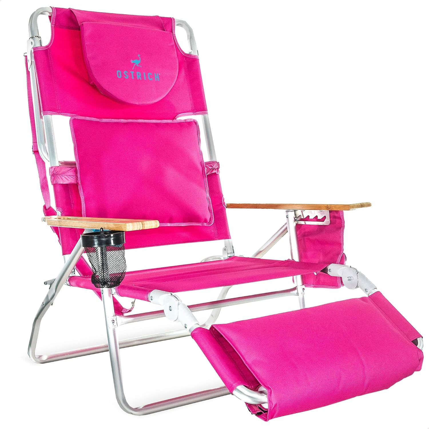Ostrich Deluxe 3N1 Lightweight Outdoor Lawn Beach Lounge Chair w/Footrest, Pink