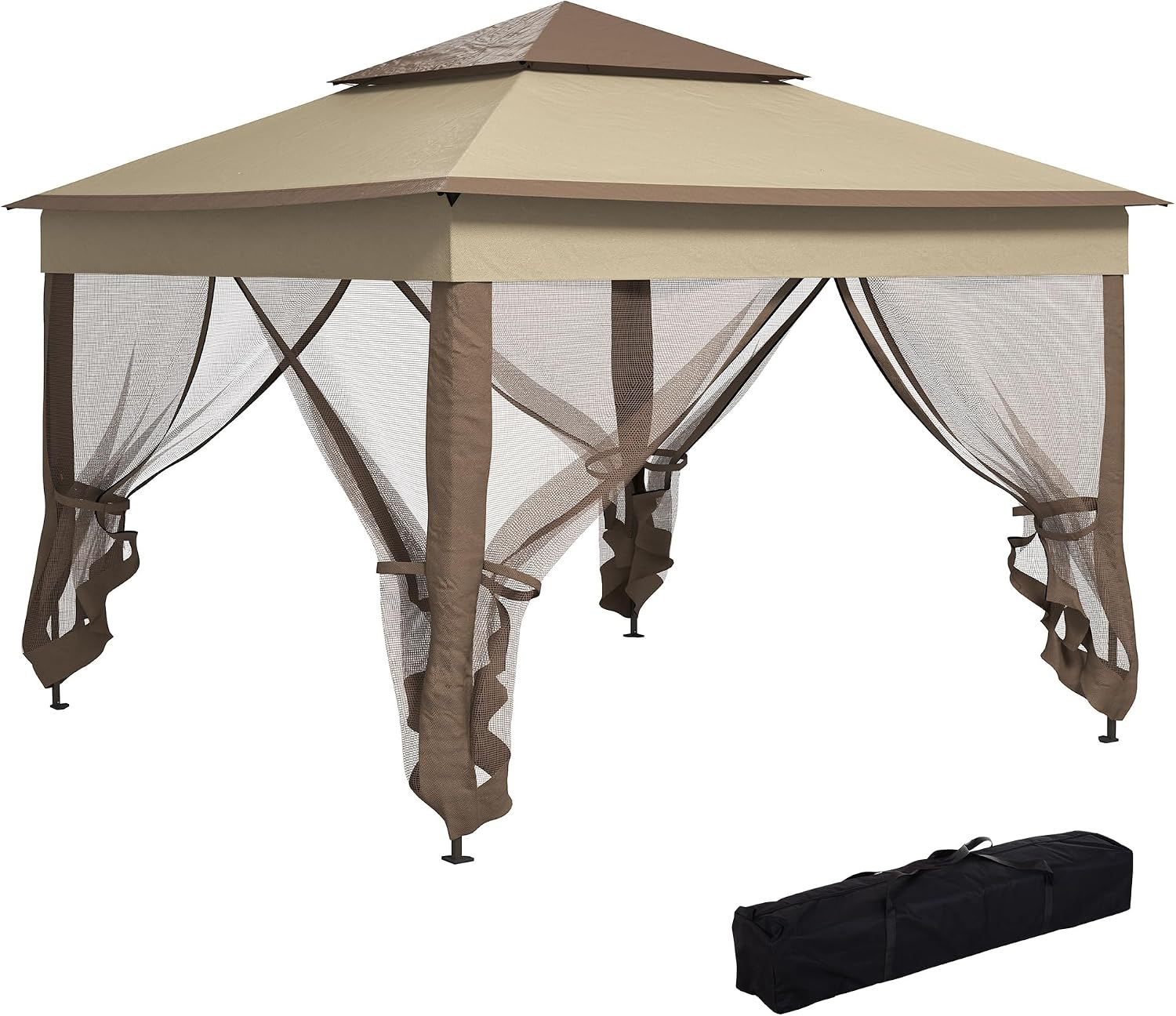 Outsunny 11′ x 11′ Pop Up Canopy, Outdoor Patio Gazebo Shelter with Removable Zipper Netting, Khaki
