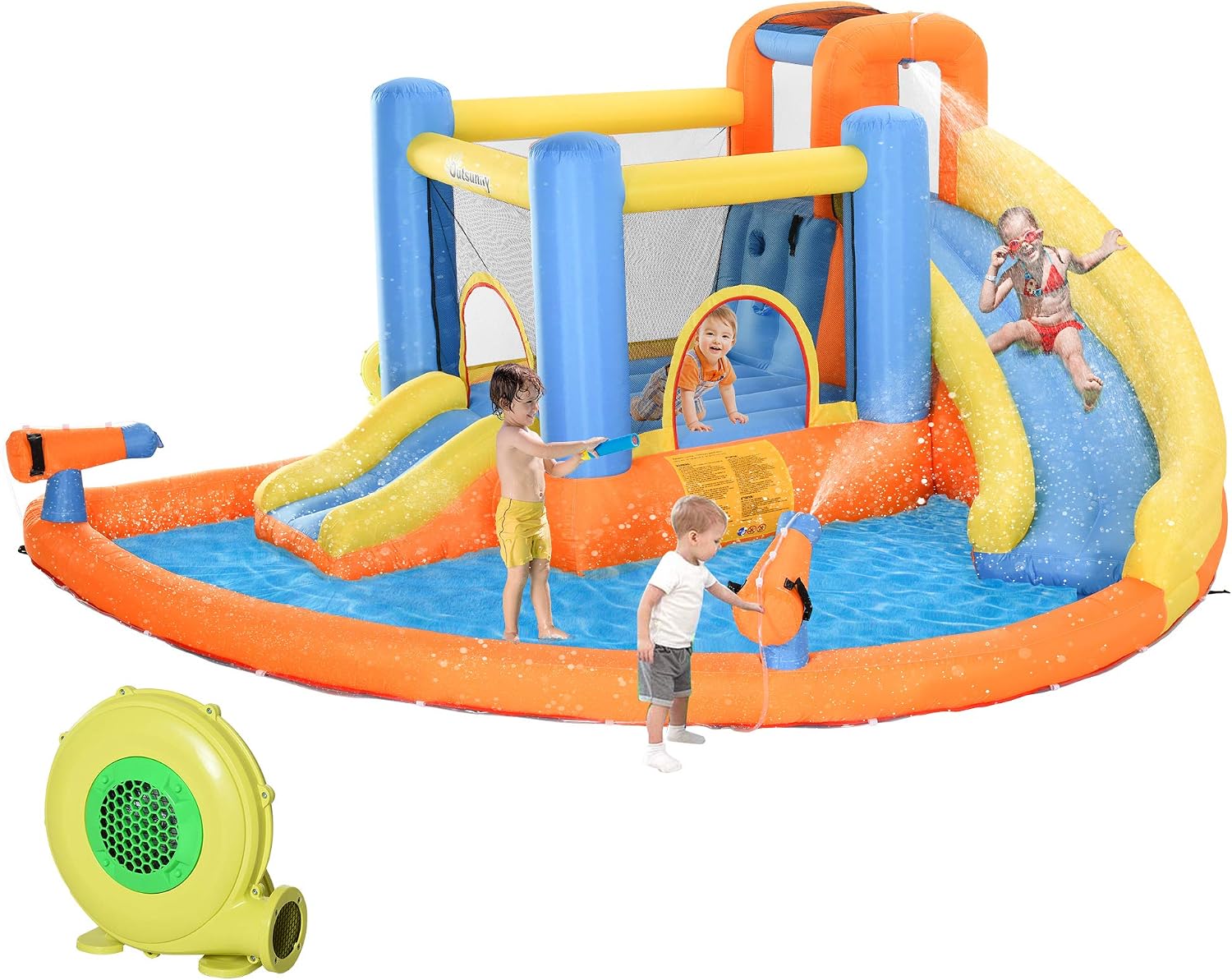 Outsunny 5-in-1 Kids Inflatable Bounce House Jumping Castle with Water Pool, Slide, Climbing Walls, & 2 Water Guns, Orange, Blue, Yellow