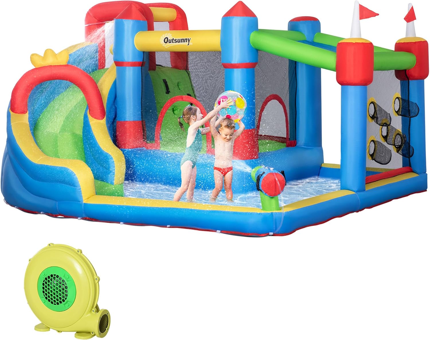 Outsunny 6-in-1 Inflatable Bounce House with Slide, Climbing Wall, Water Cannon, and More, Inflatable Water Slide