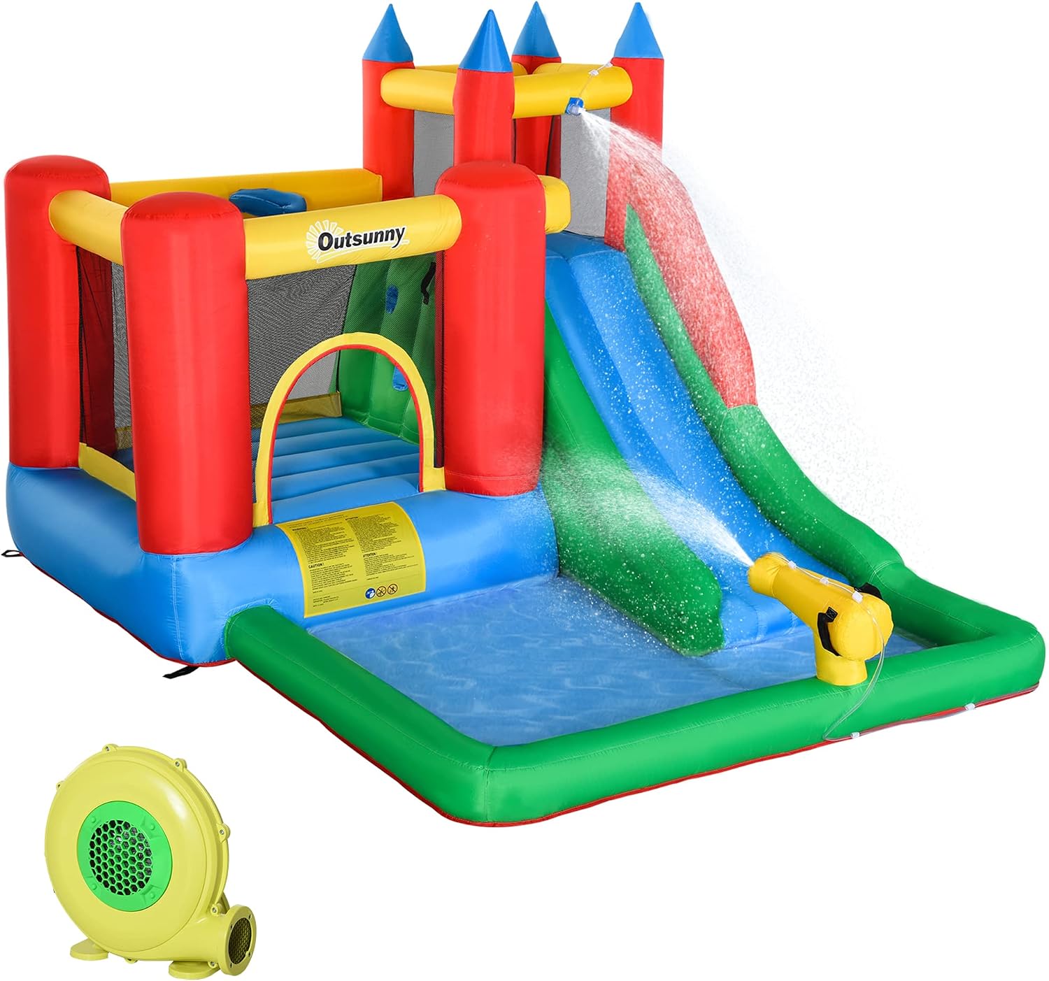 Outsunny 6-in-1 Kids Bounce House Inflatable Water Slide with Pool, Water Cannon, Climbing Wall, Inflator Included