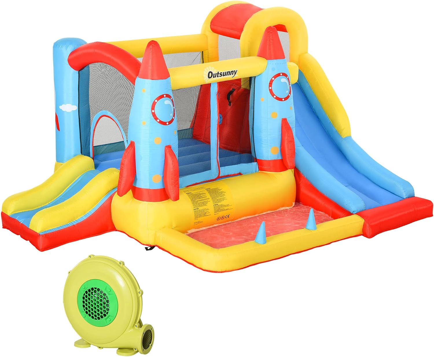Outsunny Kids Inflatable Water Slide, 4-in-1 Bounce House Jumping Castle with 2 Slides, Climbing Wall, Trampoline, & Water Pool Area, Air Blower