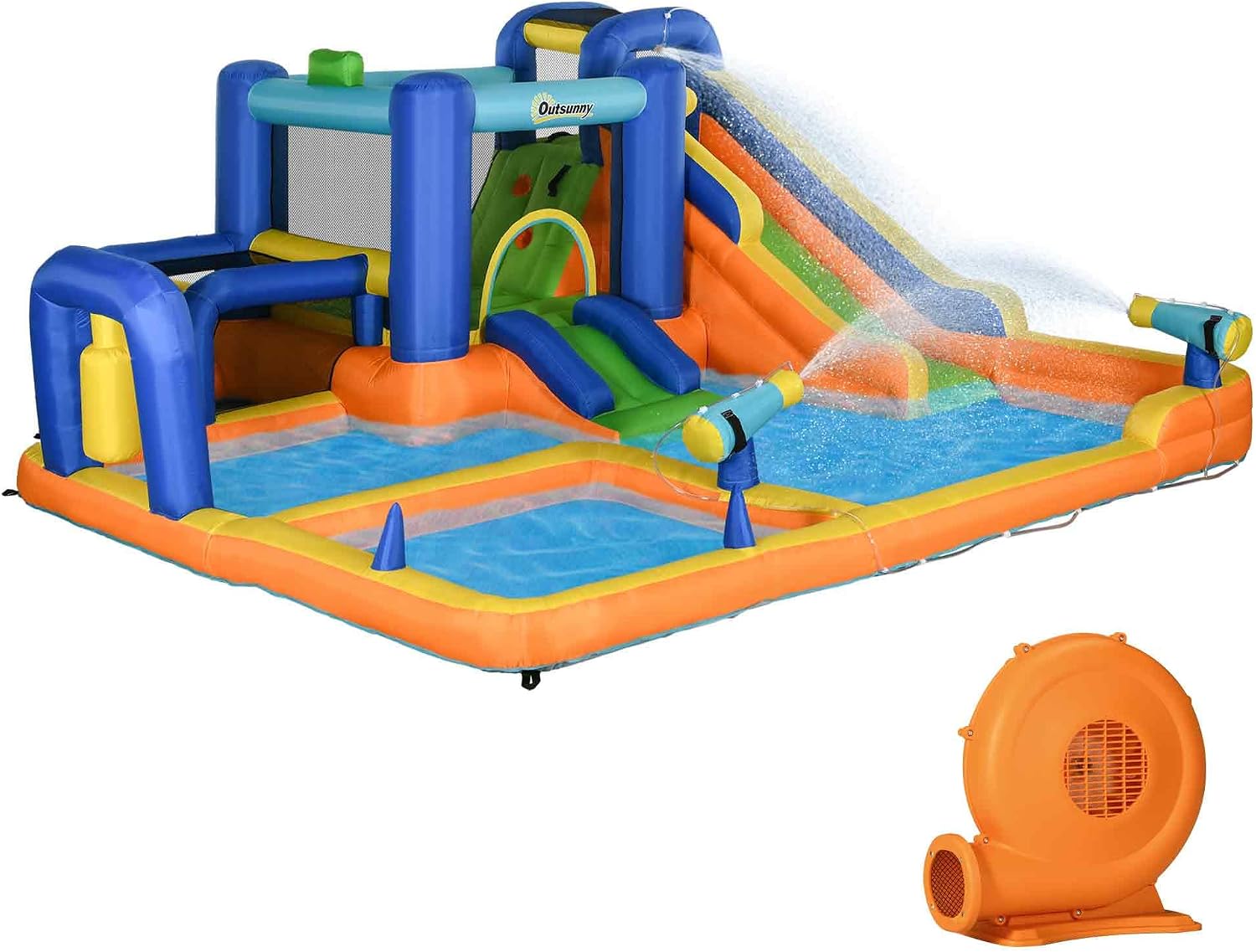 Outsunny Kids Inflatable Water Slide 7-in-1 Bounce House Water Park Jumping Castle with Water Pool, Slide, Soccer Goal, Basketball Hoop, Boxing Post Climbing Walls, & 2 Water Cannons, 450W Air Blower