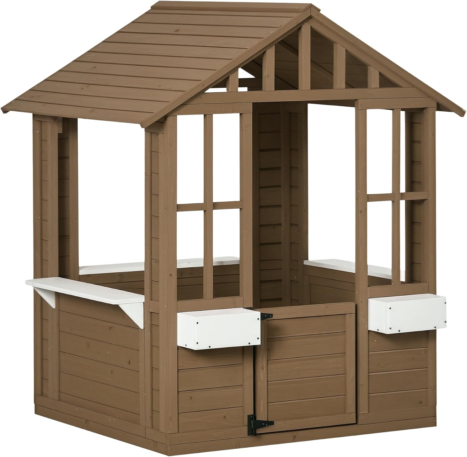Outsunny Kids Wooden Playhouse, Outdoor Garden Games Cottage, with Working Door, Windows, Flowers Pot Holder, 47″ x 38″ x 54″