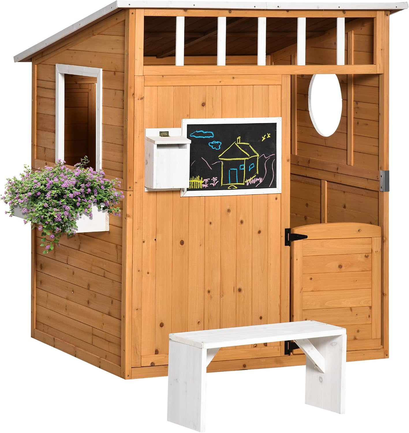 Outsunny Wooden Playhouse for Kids Outdoor with Working Door, Windows, Mailbox, Bench, Flowers Pot Holder, 48″ x 42.5″ x 53″