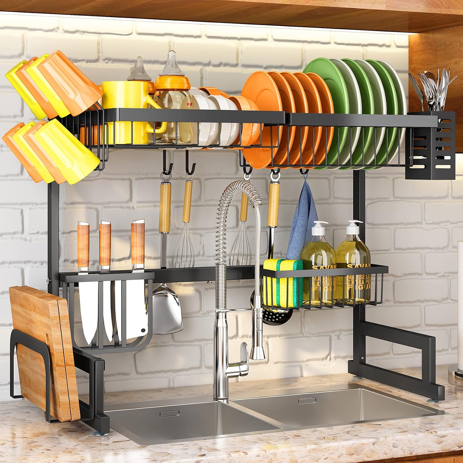Over The Sink Dish Drying Rack, Adjustable (26.8″ to 34.6″) Large Dish Drying Rack for Kitchen Counter, 2 Tier Black