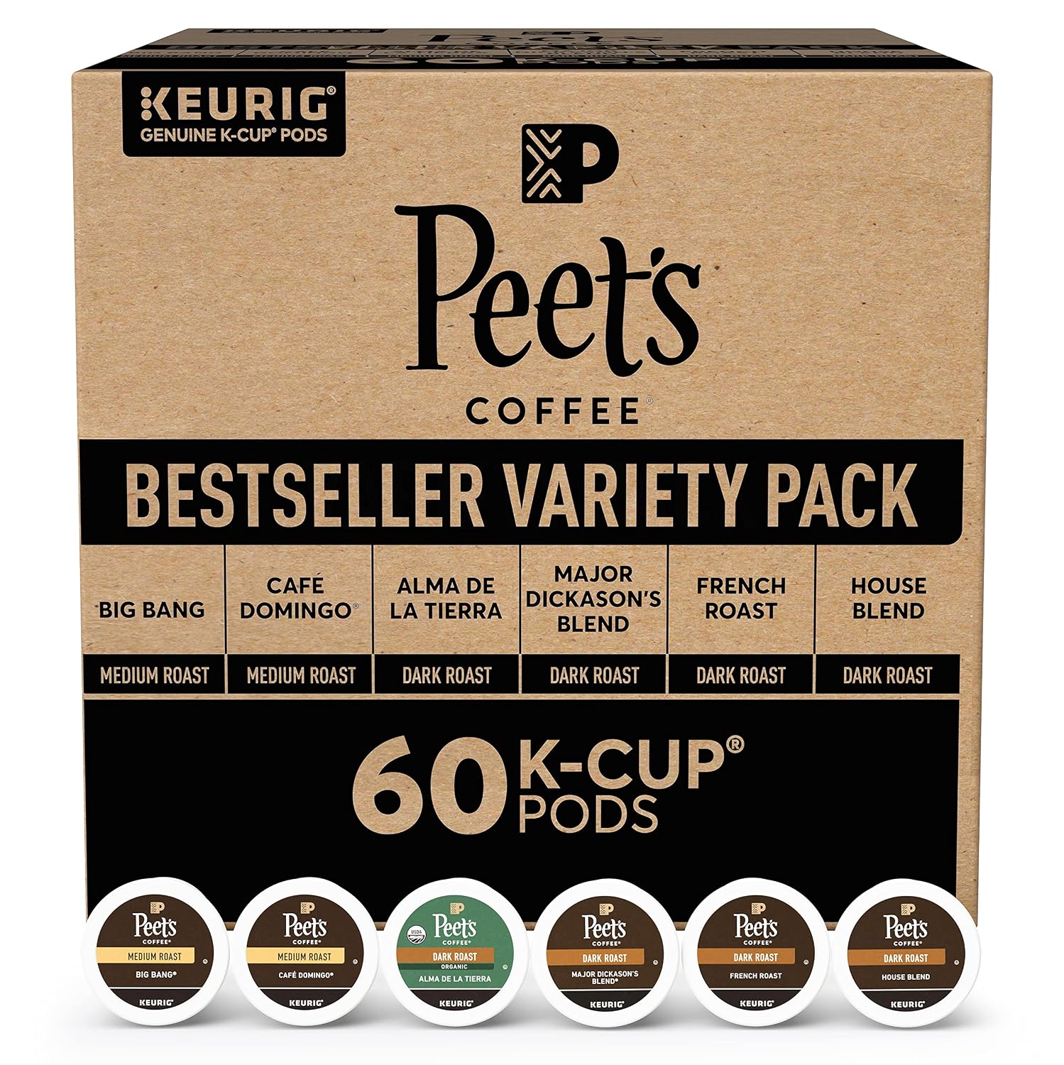 Peet’s Coffee, Bestseller’s Variety Pack Keurig Coffee Pods, House Blend 60 Count (6 Boxes of 10 K-Cup Pods)