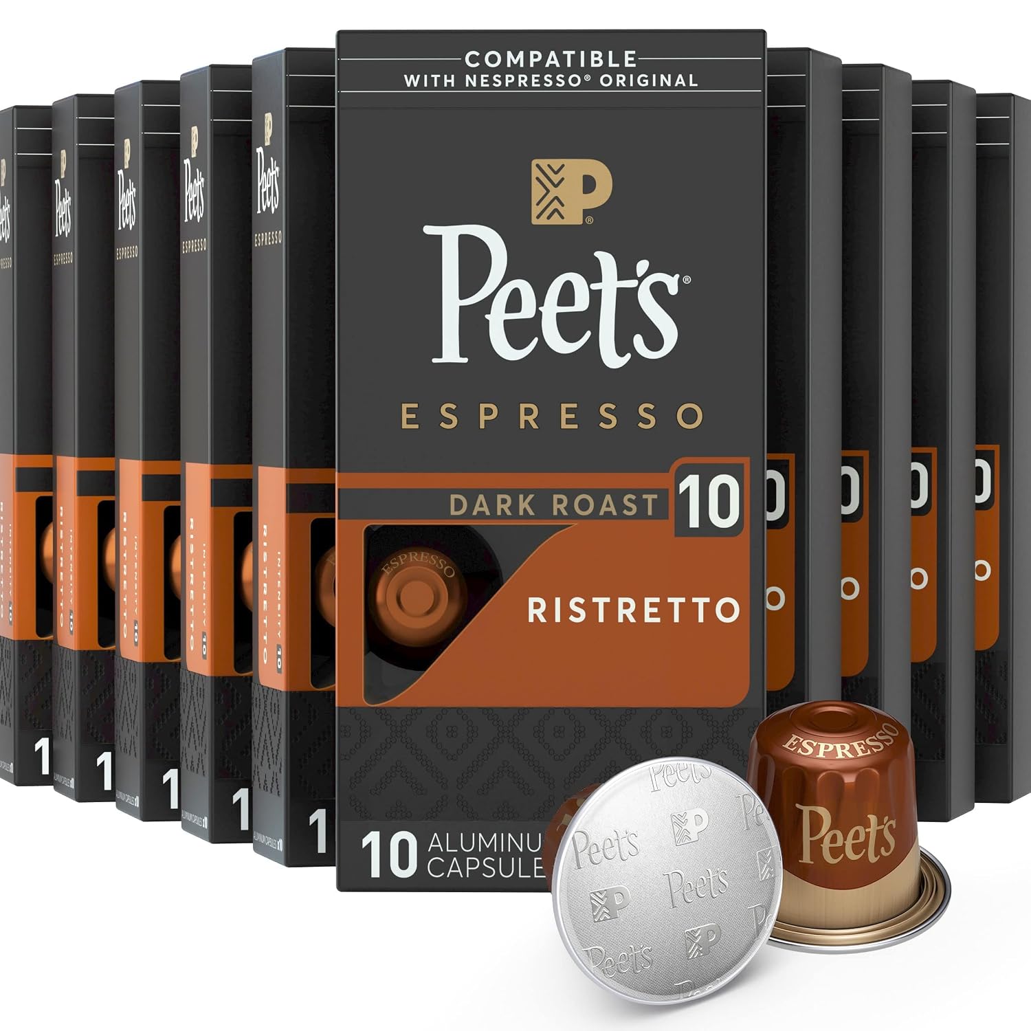 Peet’s Coffee, Dark Roast Espresso Pods Compatible, Ristretto Intensity 10, 100 Count (10 Boxes of 10 Espresso Capsules)