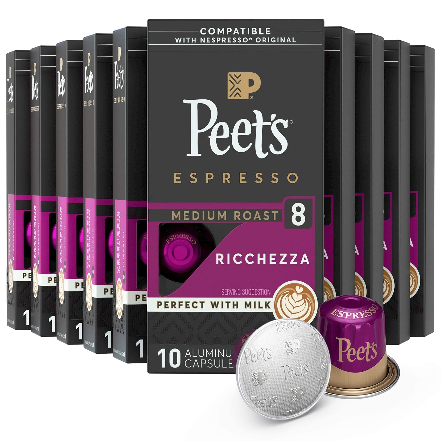 Peet’s Coffee, Medium Roast Espresso Pods Compatible, Cafe Inspired Ricchezza Intensity 8, 100 Count (10 Boxes of 10 Espresso Capsules)