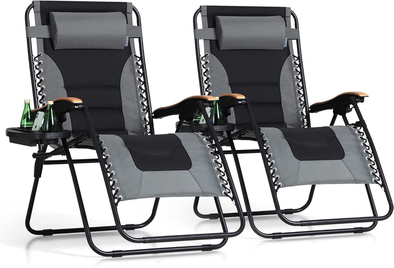 PHI VILLA XXL Oversized Padded Zero Gravity Chair, Foldable Patio Recliner, 30″ Wide Seat Anti Gravity Lounger with Cup Holder, Set of 2, Support 400 LBS (Gray)
