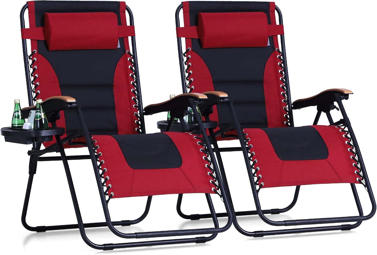 PHI VILLA XXL Oversized Padded Zero Gravity Chair, Foldable Patio Recliner, 30″ Wide Seat Anti Gravity Lounger with Cup Holder, Set of 2, Support 400 LBS (Red)