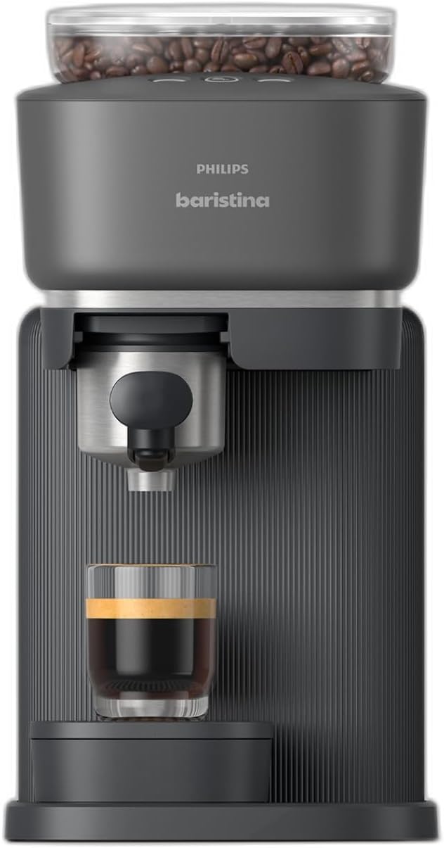 Philips Baristina Espresso Machine, Tamp & Brew Coffee Beans in One Swipe, 16 Bar Pump Pressure, Automatic Grinder, Black with Black Portafilter