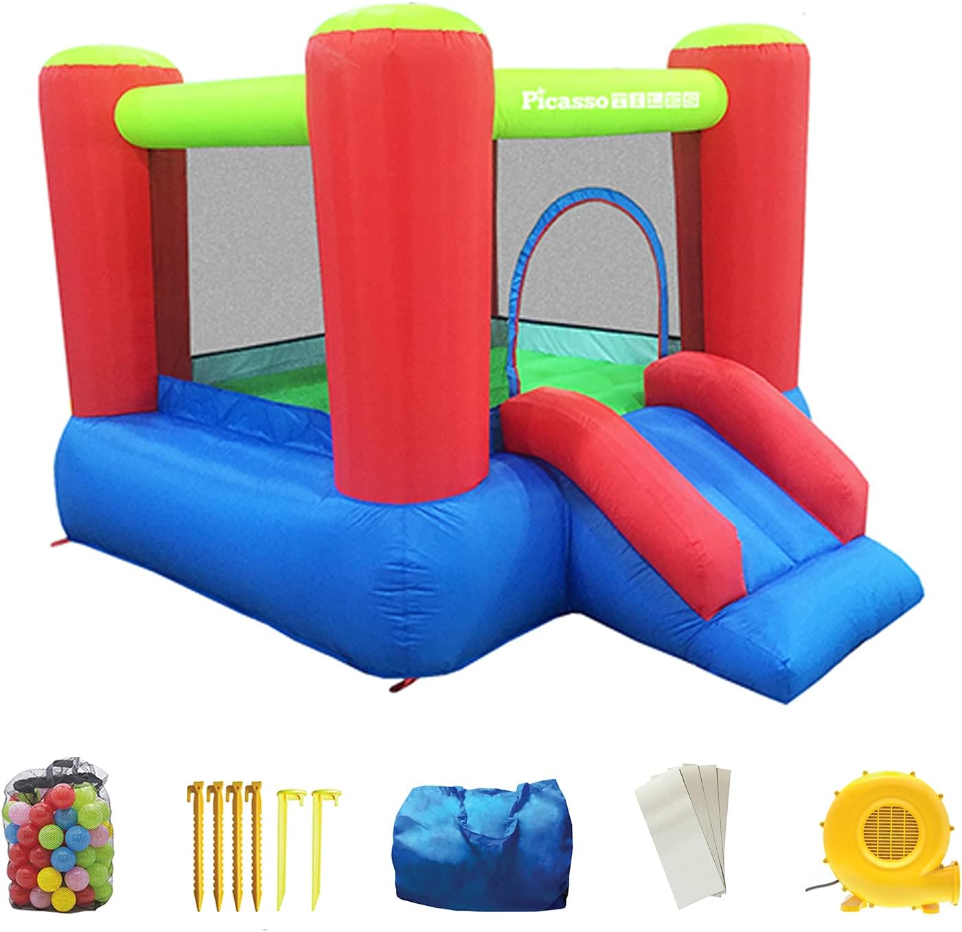 PicassoTiles KC106 8×7 Foot Junior Inflatable Bouncer, Kid Park, Jumping Bouncing House, Jump Slide Playhouse w/ 50 Pit Balls, 3 Sides Mesh Protection, and Heavy-Duty GFCI ETL Certified 385W Blower