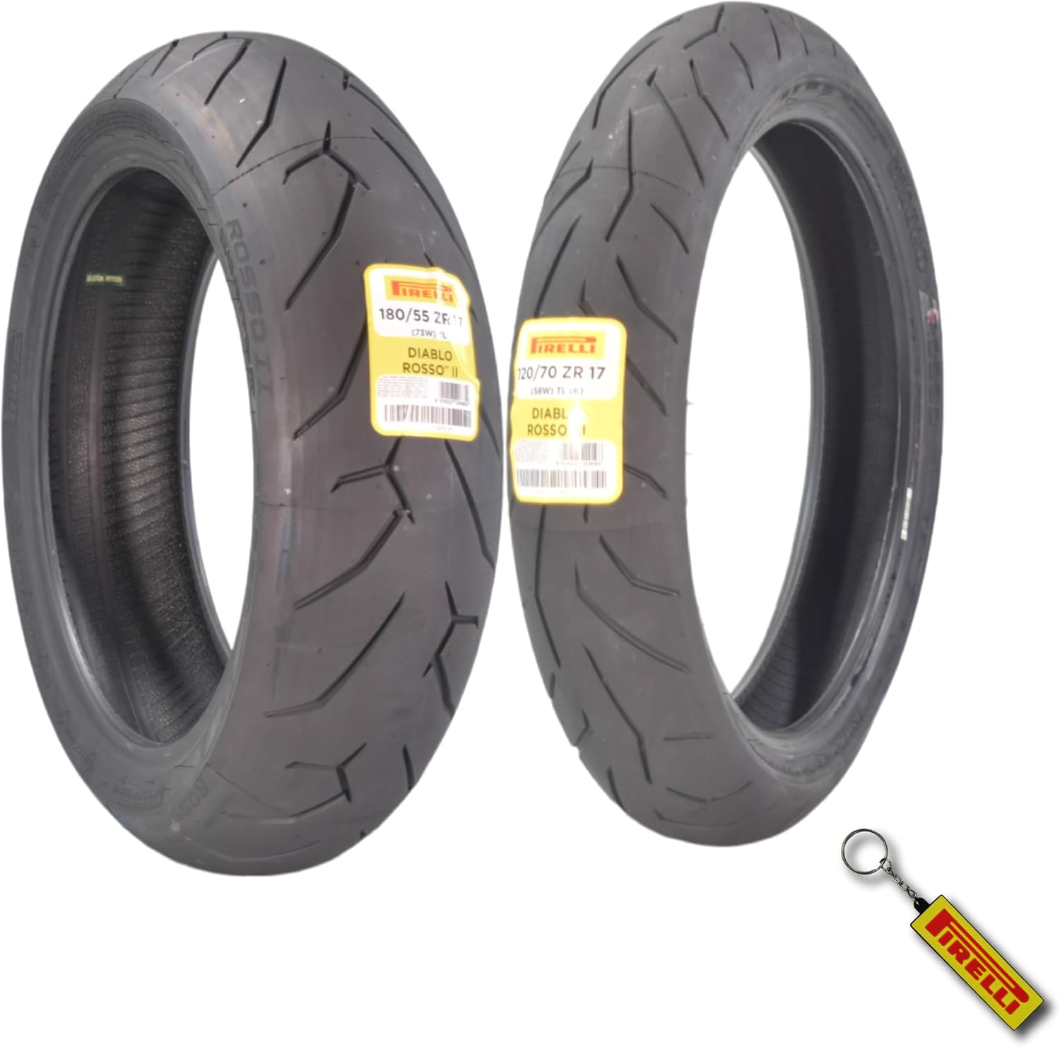 Pirelli Diablo Rosso II 120/70ZR17 M/C (58W) TL (K) Front & 180/55ZR17 M/C (73W) TL Rear Motorcycle Tire Set with Keychain