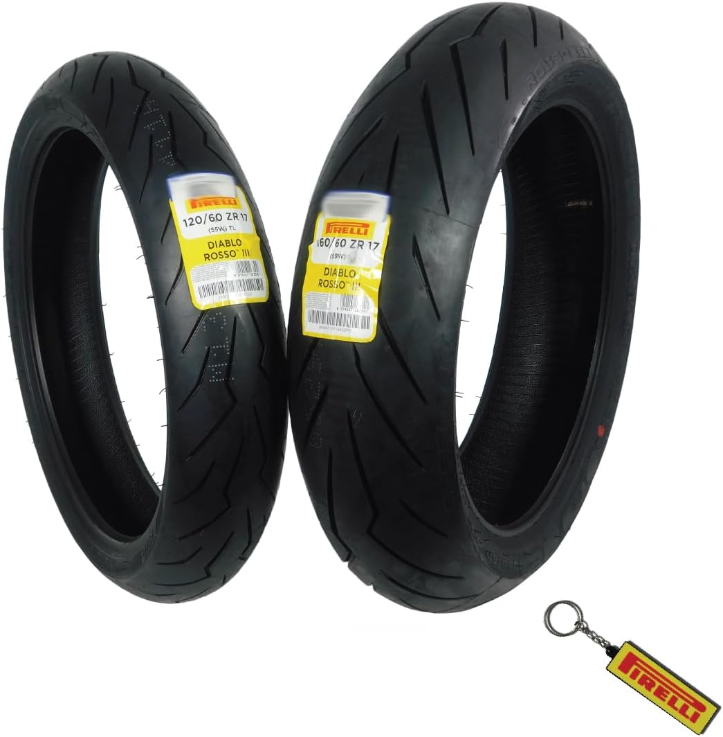 Pirelli Diablo Rosso III Motorcycle Tire Set: 120/60ZR17 M/C Front & 160/60ZR17 M/C TL Rear- High Performance, Durable for Sport/Street Bikes – 2pk