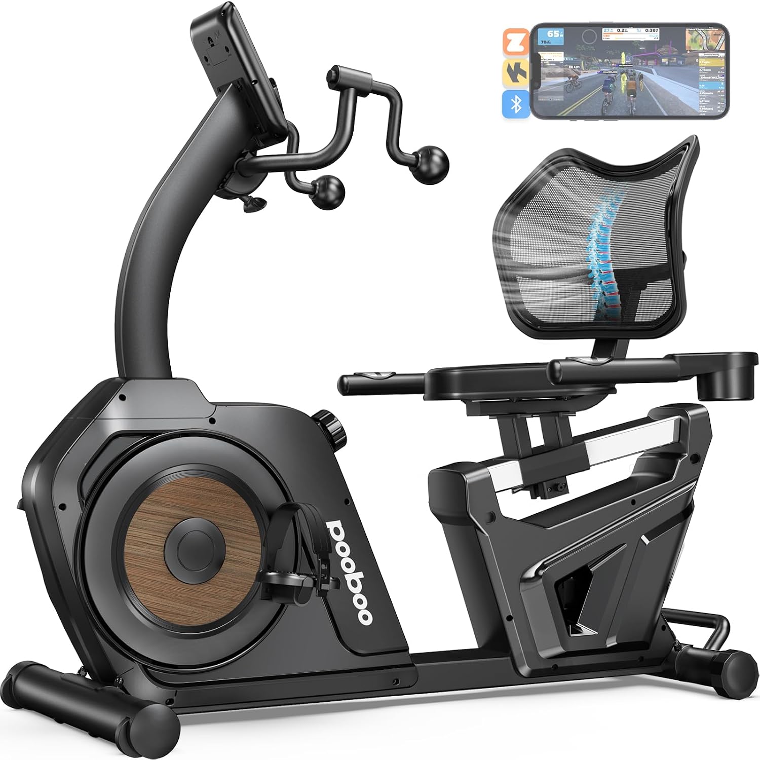 Pooboo Recumbent Exercise Bike w/Arm Exerciser, Magnetic Resistance, Ergonomic Backrest, 400LBS Capacity, App