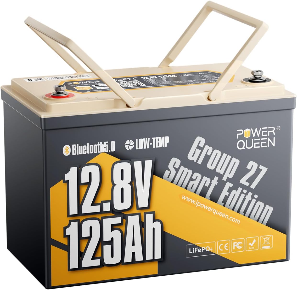 Power Queen 12V 125Ah LiFePO4 Battery Group 27, 1600Wh, Bluetooth, Low-Temp Protection, 15000 Cycles for RV, Solar, Trolling Motor