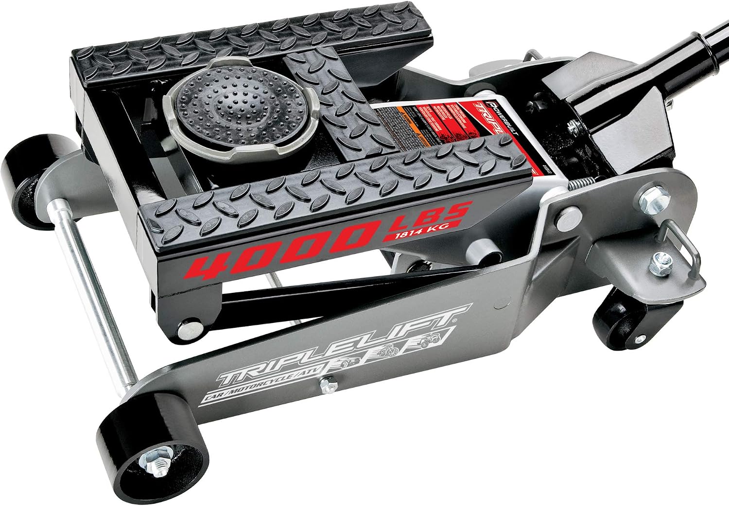 Powerbuilt 2 Ton Triple Lift Floor Jack, Lifts Cars, Trucks, Motorcycles, ATV’s, Transmissions, Tie-Down Loops, Locking Safety Bar – 620422E, Silver