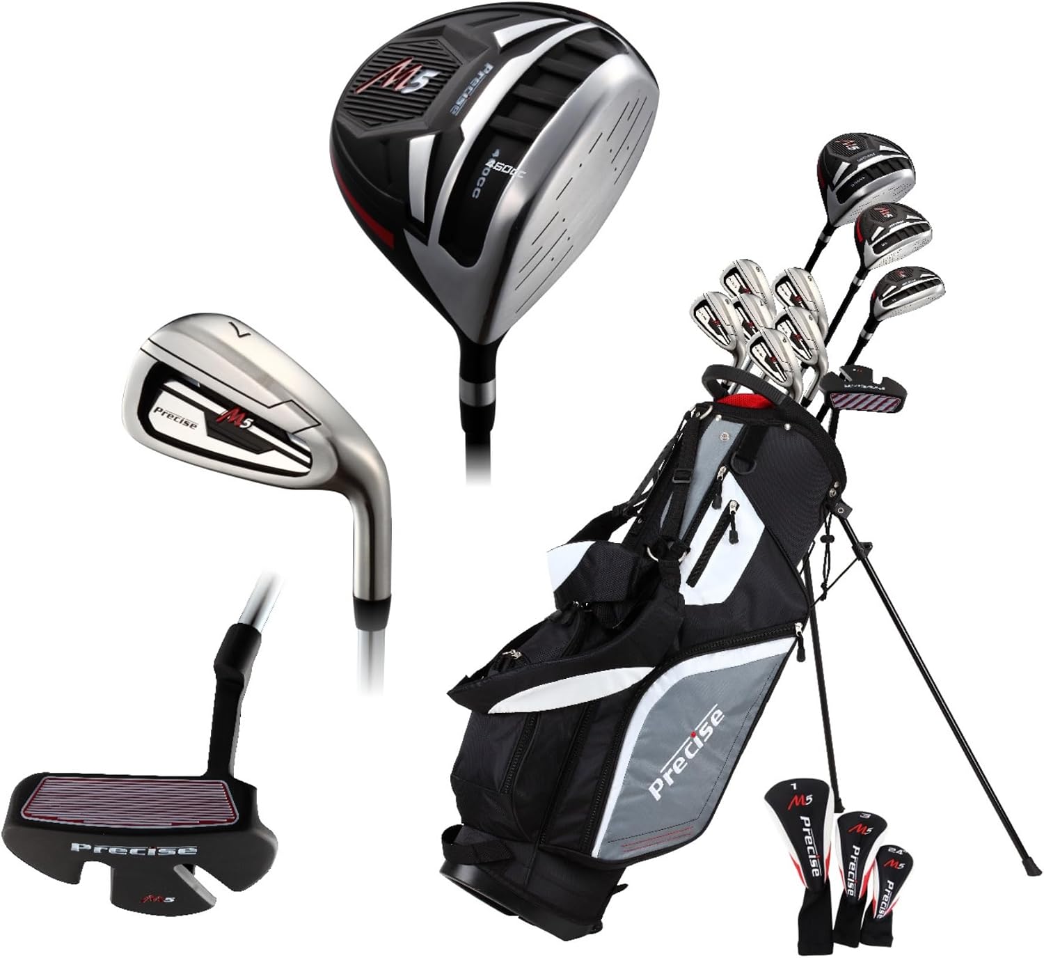 Precise M5 Men’s Complete Golf Set – Driver, Fairway, Hybrid, 5-PW Irons, Putter, Stand Bag, 3 Headcovers Included – Right Hand