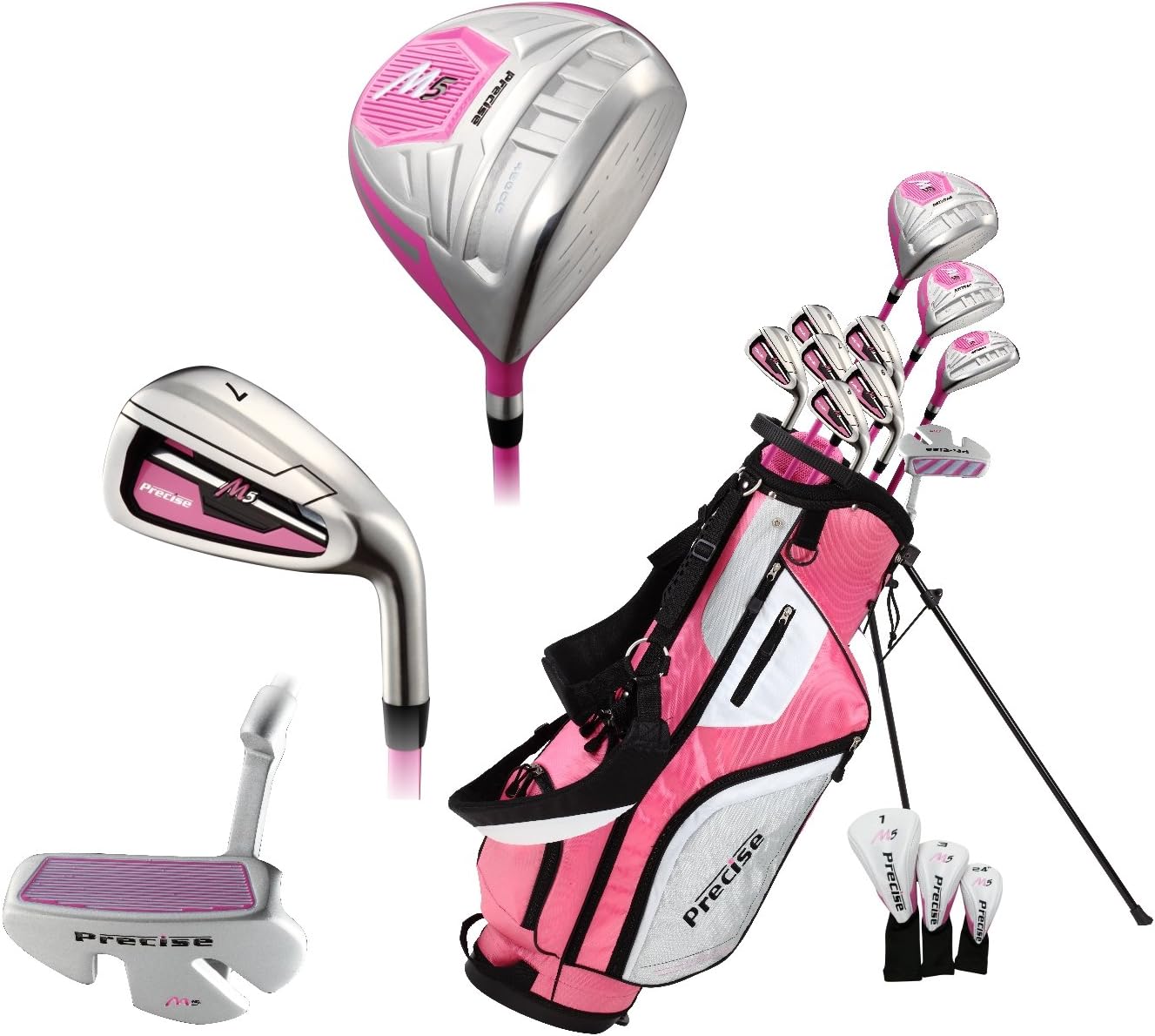 Precise M5 Women’s Golf Club Set – Pink, Titanium Driver, S.S. Fairway & Hybrid, 5–PW Irons, Putter, Bag & 3 Headcovers, Left Hand, Regular