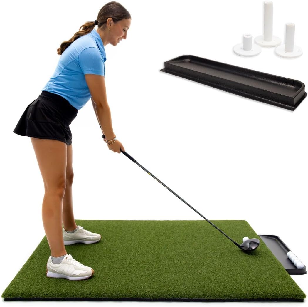 Premium Turf Indoor/Outdoor Golf Mat. Bonus Tray + 3 Tees, Perfect Reaction 5’x5′-41mm Thickness