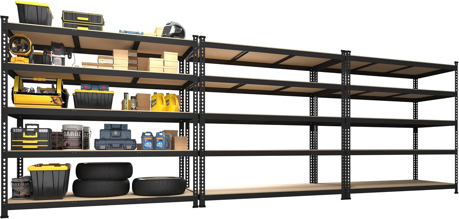 PrimeZone 5-Tier Metal Storage Shelves (3-Pack) – Heavy Duty Adjustable Garage Racks for Pantry, Kitchen, 47x18x71 in, Black