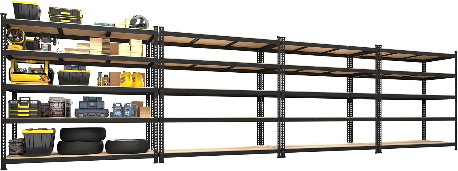 PrimeZone 5-Tier Metal Storage Shelves (4-Pack) – Heavy Duty Adjustable Racks for Garage, Pantry, 47x18x71 in, Black