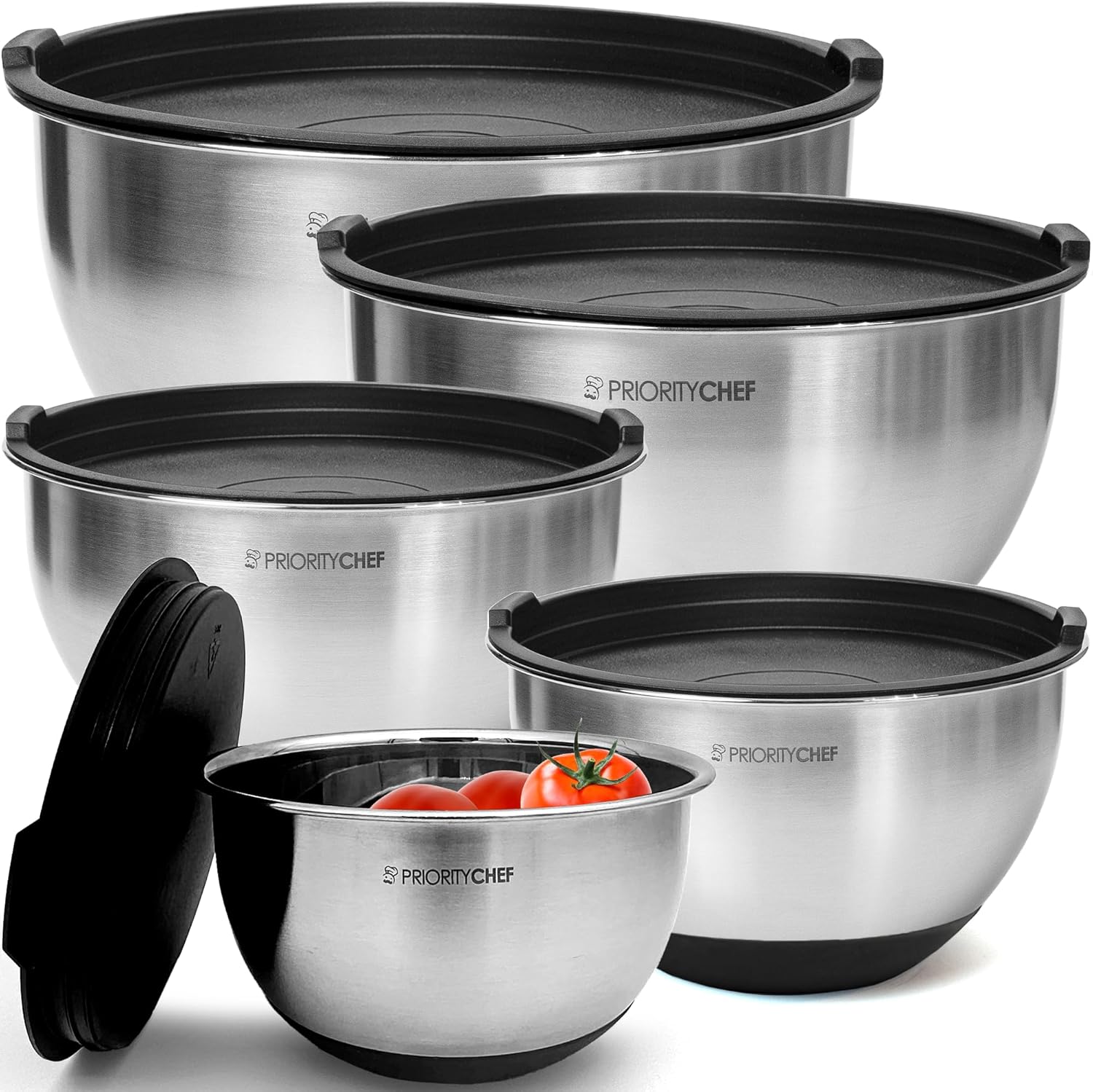 Priority Chef Premium Mixing Bowls With Airtight Lids Set, Thicker Stainless Steel Mixing Bowl Set, Black