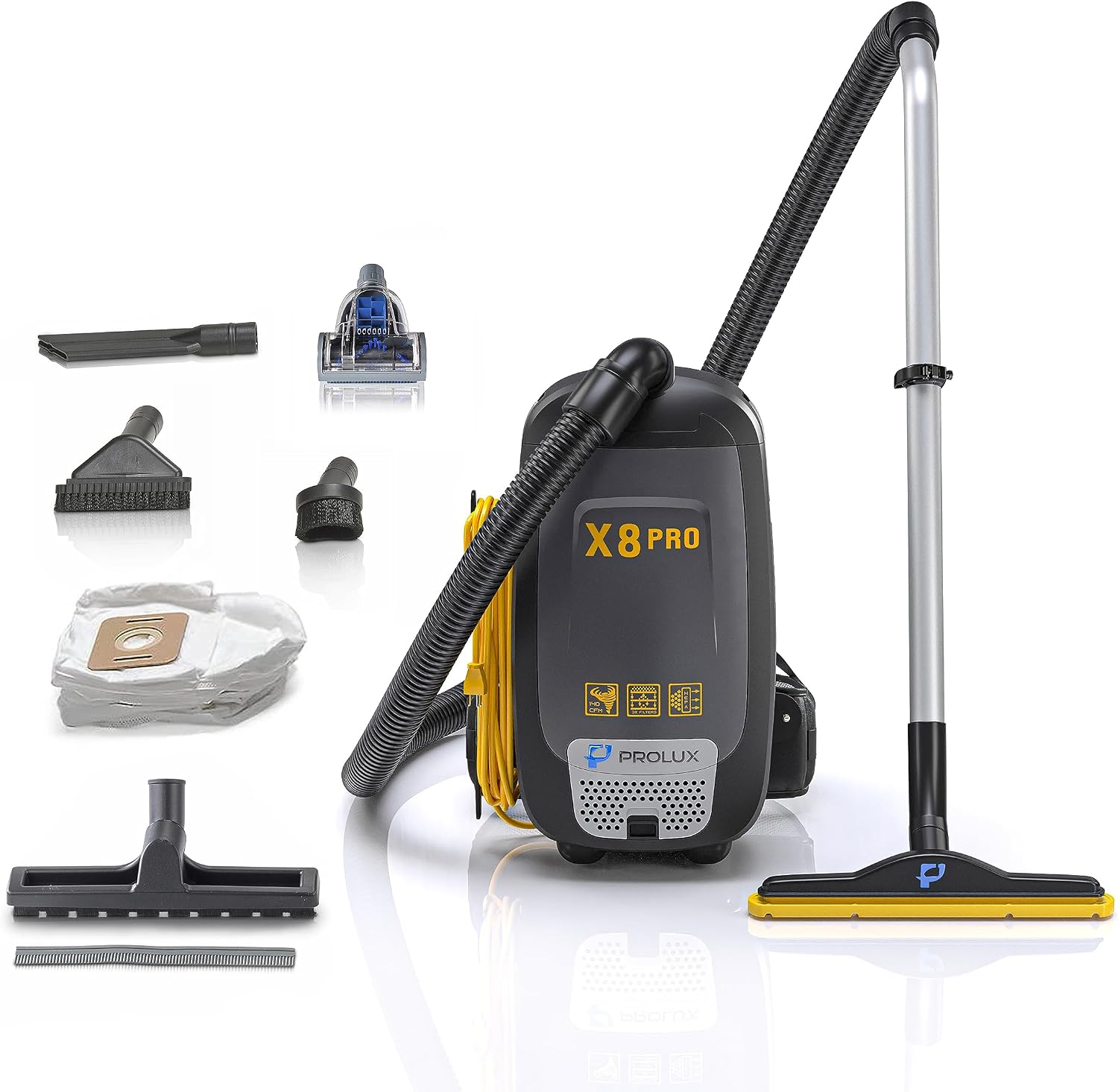 Prolux X8 Pro Backpack Canister Vacuum, HEPA Filtration, Strong Suction, 50 Ft Cord, Adjustable Straps, Multi Tool Kit
