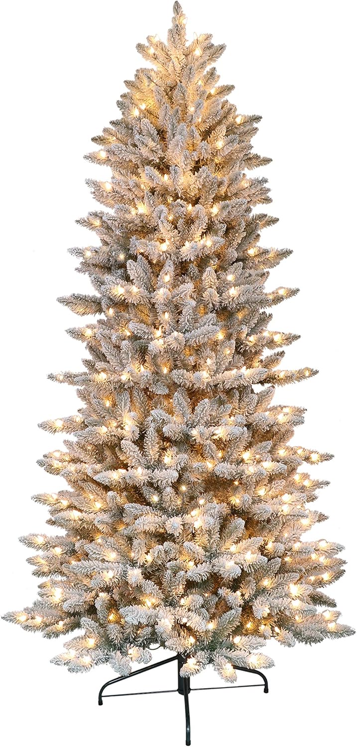 Puleo International 6.5 Foot Pre-Lit Slim Flocked Fraser Fir Artificial Christmas Tree with 350 Clear Lights, Green