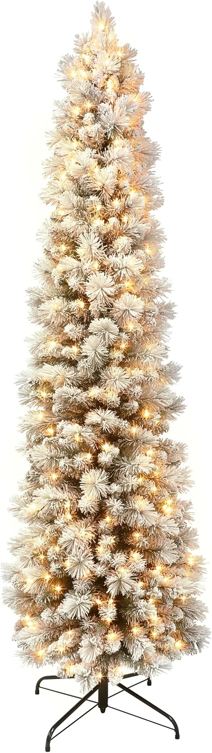 Puleo International 6.5ft Flocked Portland Pine Pencil Christmas Tree with 300 Clear Lights, 410 Realistic Dense Branch Tips