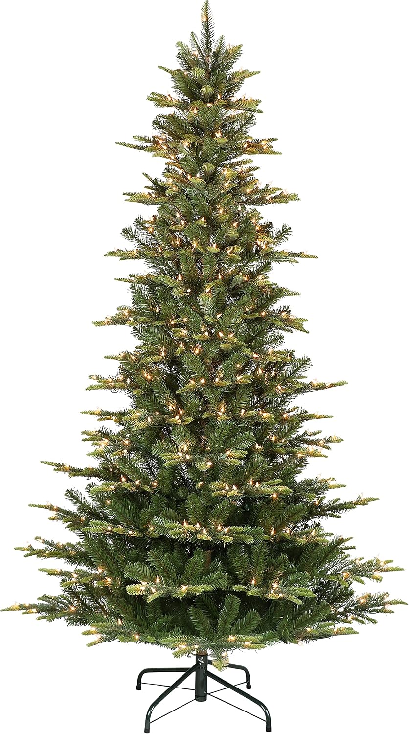 Puleo International 7.5ft Pre-Lit Slim Aspen Fir Artificial Christmas Tree with 450 Clear Lights, 1016 Realistic Dense Branch Tips, Easy Setup Artificial Trees with Sturdy Metal Stand
