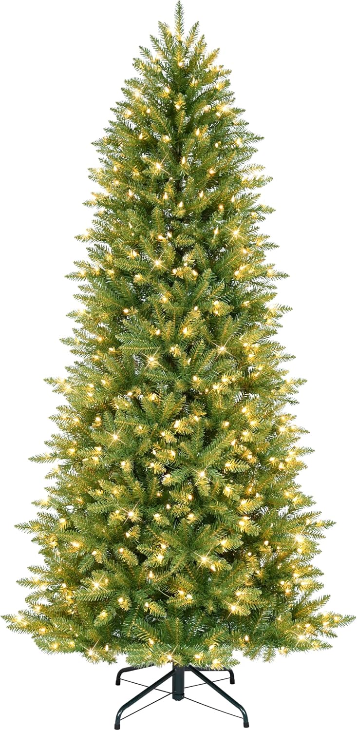 Puleo International 7.5ft Pre-Lit Slim Fraser Christmas Tree with 600 Clear Lights, 1347 Realistic Dense Branch Tips